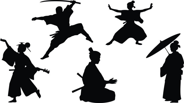 Black silhouettes of japanese samurai and geisha figures in various poses, including a warrior jumping with a katana, a person holding a traditional umbrella, and a seated figure with swords