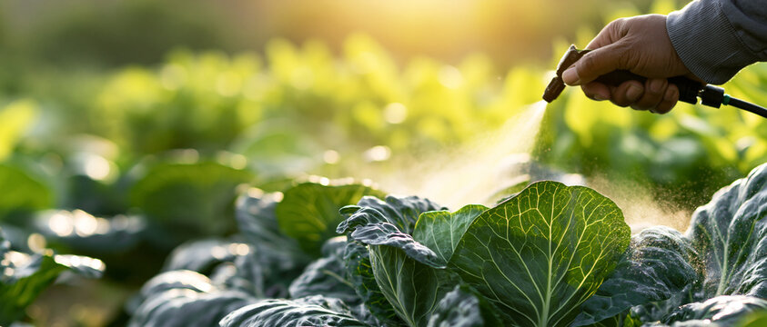 Hand spraying water on green cabbage plants in sunny garden  