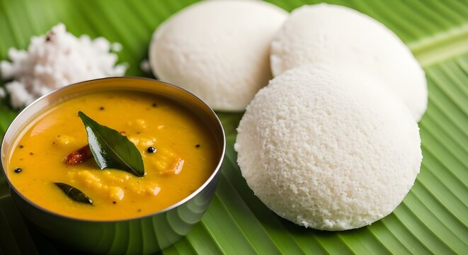 South indian breakfast idli and sambar on a banana leaf