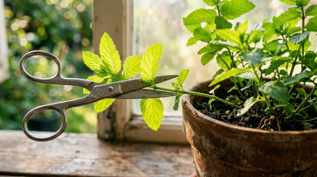A pair of silver scissors delicately snips a vibrant mint stem, showcasing healthy green leaves against a blurred garden backdrop.