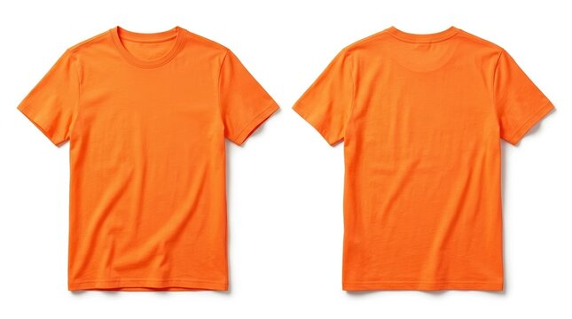 Neon orange cotton t-shirt template showing front and back views, isolated on a pure white background for professional design