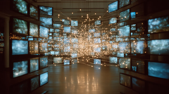 Artistic Television Installation: A mesmerizing art installation showcasing a dynamic array of televisions and luminous connectivity, captivating the viewers in an immersive experience.