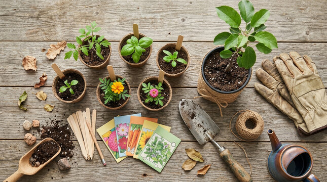 A cozy gardening setup featuring potted plants, seeds, gardening tools, and gloves on a rustic wooden table, perfect for nurturing green growth.