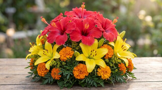 Traditional Hindu flower offering with hibiscus and marigolds for festival