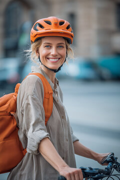 Blonde Frau mit orangenem Helm mit dem Rad in der Stadt