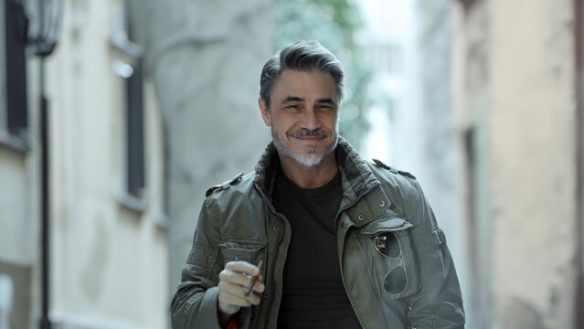 Portrait of stylish mature man confidently smiling in urban setting. Mid adult male smoking cigarette, looking confident and satisfied.