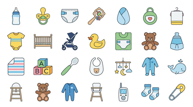 Collection of hand drawn baby care and infant items icons set.