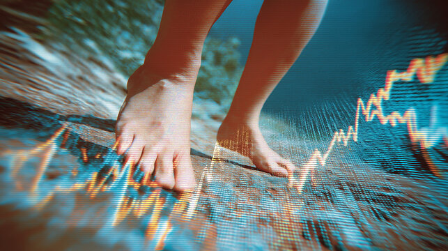 Barefoot on the Path of Growth: A journey of financial growth, illustrated with barefoot stepping over a path and overlaid with dynamic charts