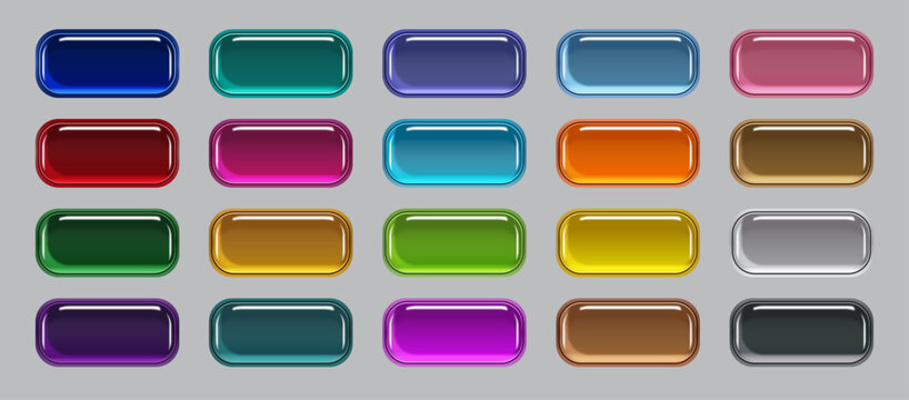 Colorful Glossy Web Buttons Set with Glassy Texture and Realistic 3D Bevel for Game UI Design, Editable AI file