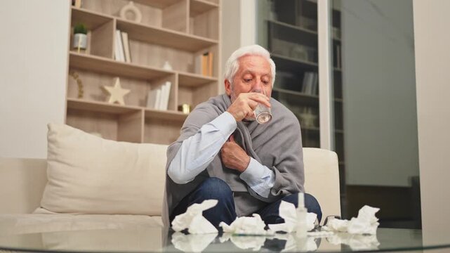 Healthcare medicine. Senior man with high fever symptoms illness cold seasonal influenza holding paper tissue common cold sneezing Elderly man with seasonal infections flu covered with blanket at home