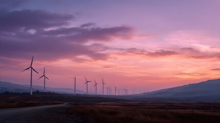 Obraz premium Wind turbines stand against a vibrant twilight sky crowning a vast and expansive rural landscape at dawn