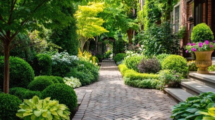 Fototapeta premium Lush, meticulously maintained urban garden borders a brick pathway leading toward a distant gate.