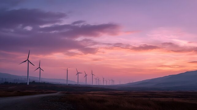 Wind turbines stand against a vibrant twilight sky crowning a vast and expansive rural landscape at dawn