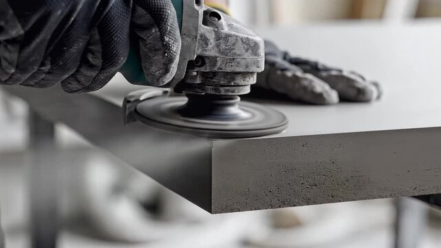 Closeup of a worker using an angle grinder on a metal surface.