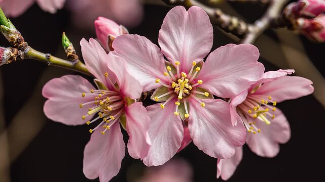 Closeup of delicate pink almond blossoms on a branch in spring.