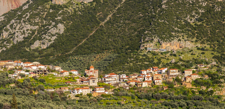 Aerial view of the mountainous village of Eleonas (also known as Topolia) in the Phocis region of Greece