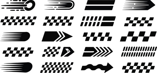 Racing car decals set, checkered flag stripes finish line motifs and speed lines vector collection for motorsport branding tuning stickers and racing graphics. © Neal Bailey