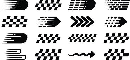 Racing car decals set, dynamic motorsport sticker collection featuring checkered patterns racing flags motocross labels and vehicle tuning design elements. © Neal Bailey