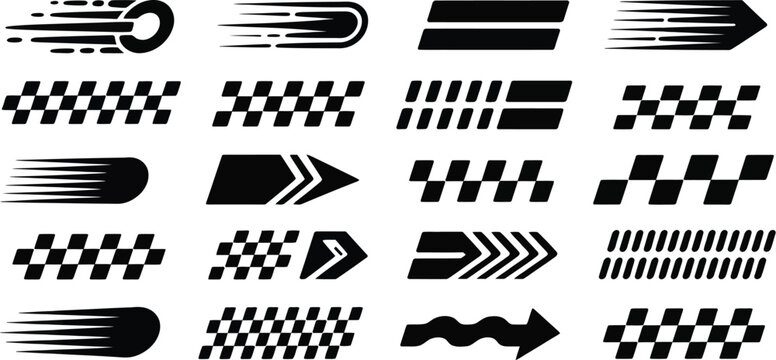 Racing car decals set, checkered flag stripes finish line motifs and speed lines vector collection for motorsport branding tuning stickers and racing graphics.