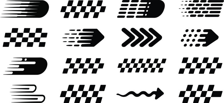 Racing car decals set, dynamic motorsport sticker collection featuring checkered patterns racing flags motocross labels and vehicle tuning design elements.