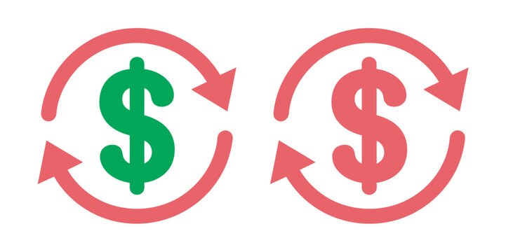 Cost reduction icon set, price down arrow symbol, profit and loss money indicators, price reduction sign with dollar and downward arrow, financial savings and expense control vector illustration.