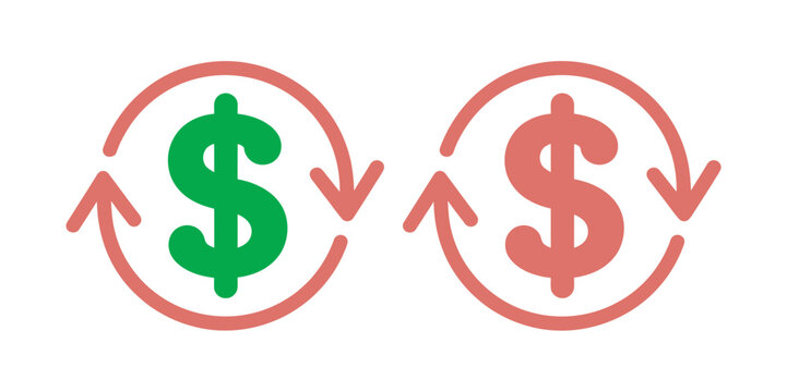 Cost reduction icon set, price down arrow symbol, profit and loss money indicators, price reduction sign with dollar and downward arrow, financial savings and expense control vector illustration.