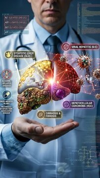 Medical expert displaying holographic liver, analyzing pathologies including viral hepatitis, cirrhosis, steatosis, and hepatocellular carcinoma for detailed disease understanding