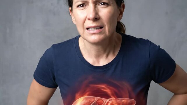 Female adult experiencing intense liver pain, an inflamed human internal organ, severe medical condition, significant abdominal discomfort, serious health issue