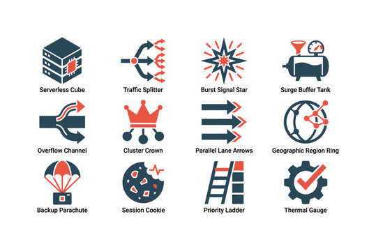 Collection of abstract icons representing serverless computing and network concepts
