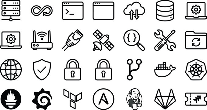 DevOps and Cloud Computing Icon Set with Server, Database, API, Security, Docker, Kubernetes, Network, and Software Development Tools for IT Infrastructure Design