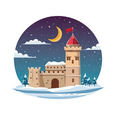 Fototapeta premium Cartoon castle under moon and stars design for fantasy and illustration