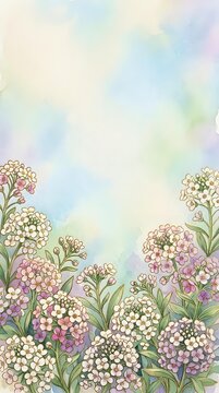 Delicate watercolor floral border with pastel blooms on soft rainbow background for spring designs, wedding invitations and feminine projects.