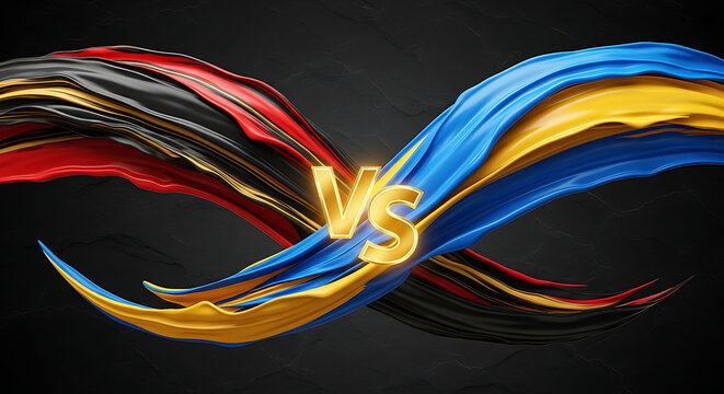 Dynamic Versus Symbol, Competition Concept, Abstract Swirls of Red, Black, Yellow, Blue Paint, Versus Battle Background