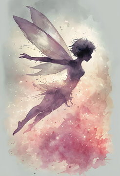 Fata mistica con il corpo fatto di ombra in volo con le sue piccole ali su sfondo colorato ed etereo, Mystical fairy with a body made of shadow flying with her little wings on a colorful and ethereal 