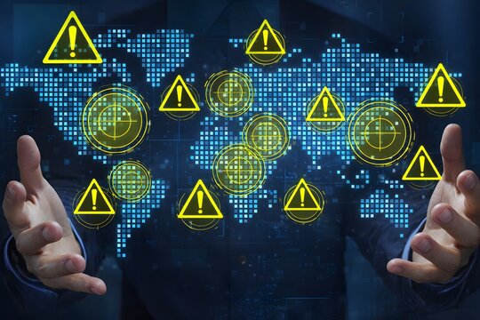 Geopolitical risks and instability in international relations. Assessing the impact of international conflict and trade war. Business person holding a world map and warning triangle icons.