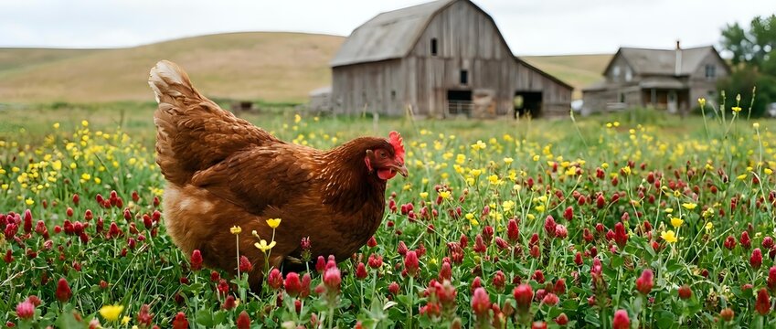 Red hen foraging in wildflower meadow with rustic barn background, free-range farming lifestyle and sustainable agriculture concept.
