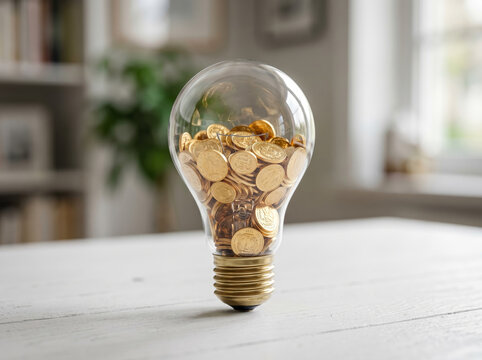 Glass light bulb with coins inside representing monetization of ideas