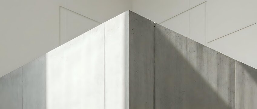 Minimalist concrete wall corner with soft natural light and shadows, showcasing raw texture and modern architectural design in neutral tones.