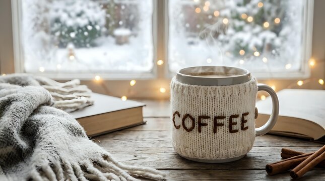 Cozy winter scene with a steaming coffee mug in a knitted sleeve, cinnamon sticks, scarf, book, and bokeh fairy lights by a snowy window.