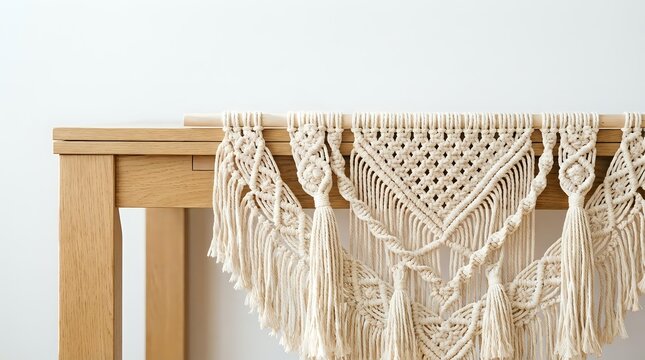 Handmade macrame wall hanging draped over a wooden table, featuring intricate knotted patterns and fringe tassels in natural cotton.