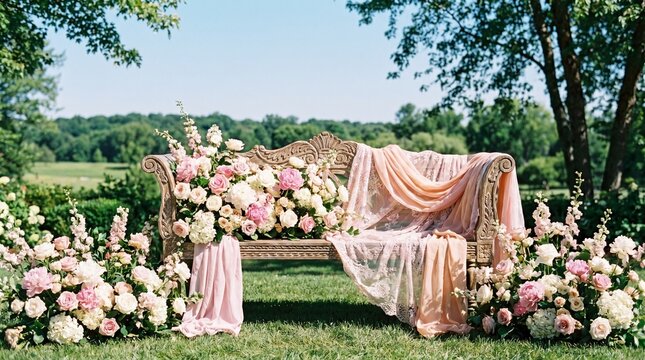 Decorated wooden swing with floral arrangements for traditional celebration