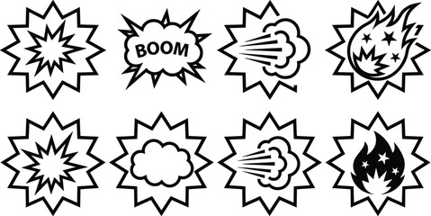 Comic Explosion Burst Icon Set with Boom Effects, Fire Blasts, Smoke Clouds, and Dynamic Impact Shapes for Cartoon, Action, and Pop Art Design © tofajjol studio
