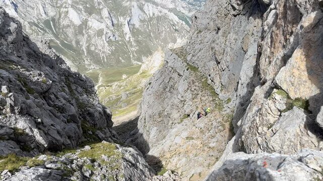 Scrambling on the route to Cabin Veronica in the Picos de Europa National Park, Cantabria, Spain