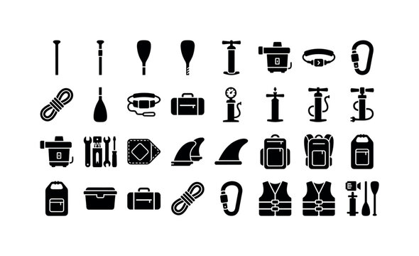 SUP board accessories like paddles leashes pumps bags and gear used for safe and efficient paddle boarding clean solid filled icon