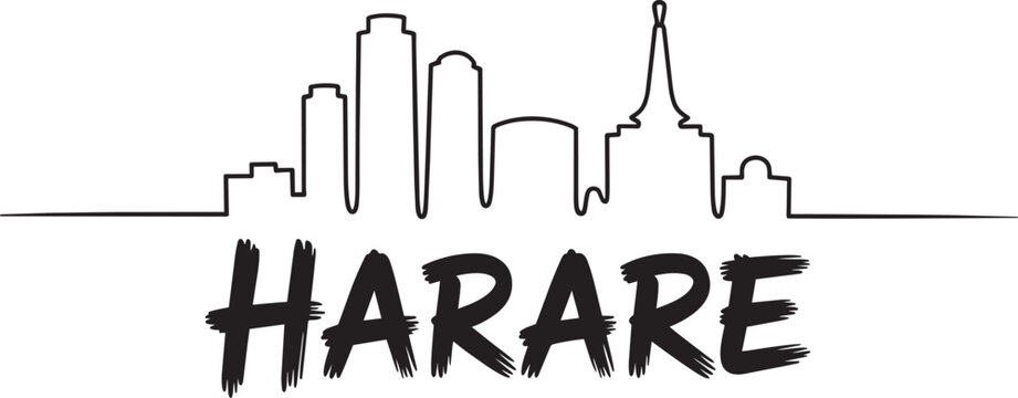 Harare city skyline buildings with bold city name text in outline style Zimbabwe on white background