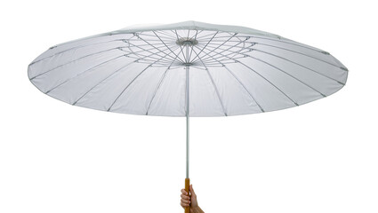 Hand holding large white parasol with metal spokes, isolated on transparent background © Ryan