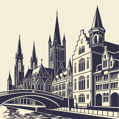 Fototapeta premium Ghent City Skyline Vector Art | Belfry Tower & Gravensteen Castle Silhouette