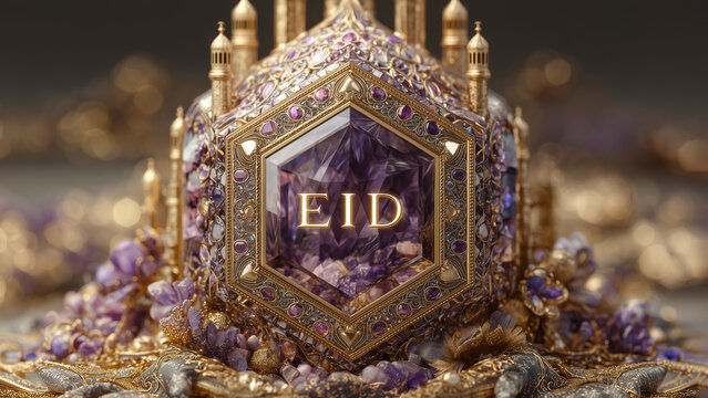 A Festive Emblem of Celebration: A beautifully crafted emblem of Eid gleams with intricate gold detailing and glittering jewels, signifying the joyous spirit of a cherished festival.