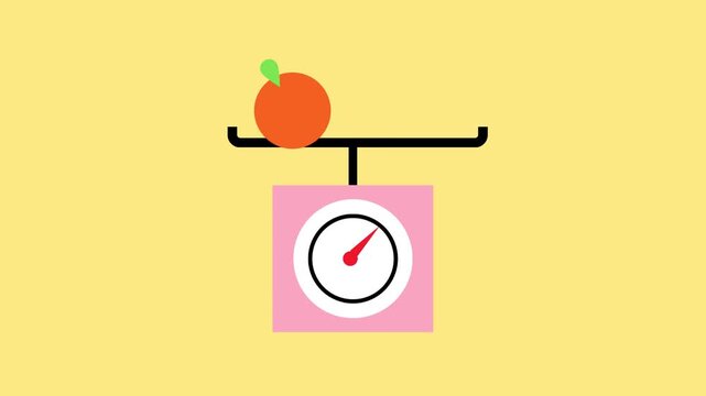 Animated Oranges on Kitchen Scale with Moving Needle on Yellow Background Flat Design Food Weight Concept