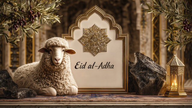 Eid al-Adha: A sacred ram sits peacefully beside the decorative board with Eid al-Adha inscriptions, embodying the spirit of celebration. Symbolizing sacrifice and faith.